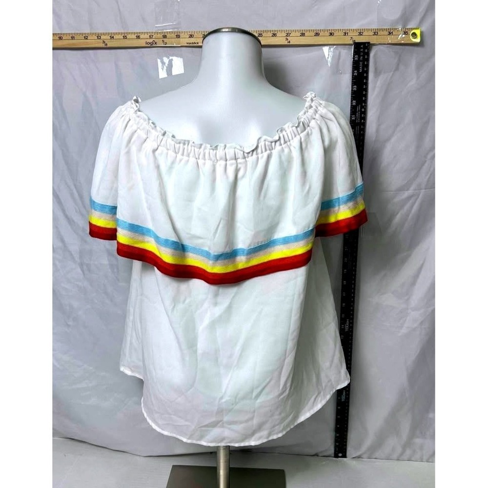 Entro~Women's White Rainbow Striped Ruffle Off Shoulder Overlay Blouse Top/Small - Picture 3 of 10